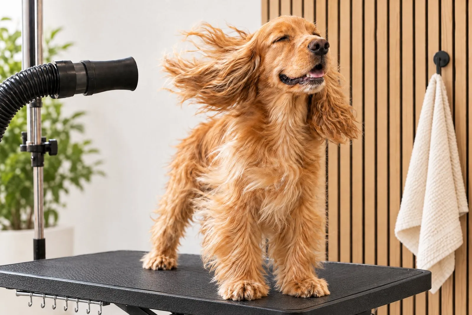 Cocker spaniel podczas suszenia, uszy fruwają w powietrzu