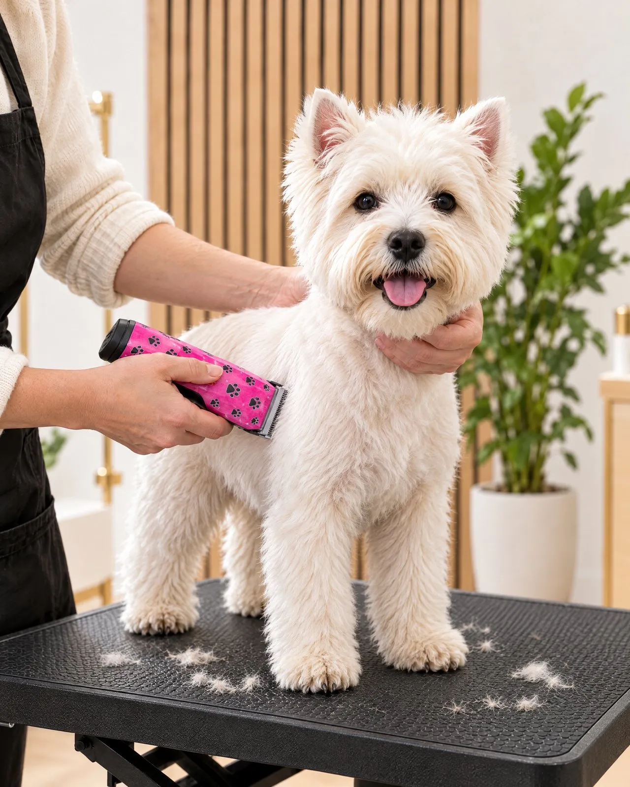 West highland white terrier strzyżony różową bezprzewodową maszynką