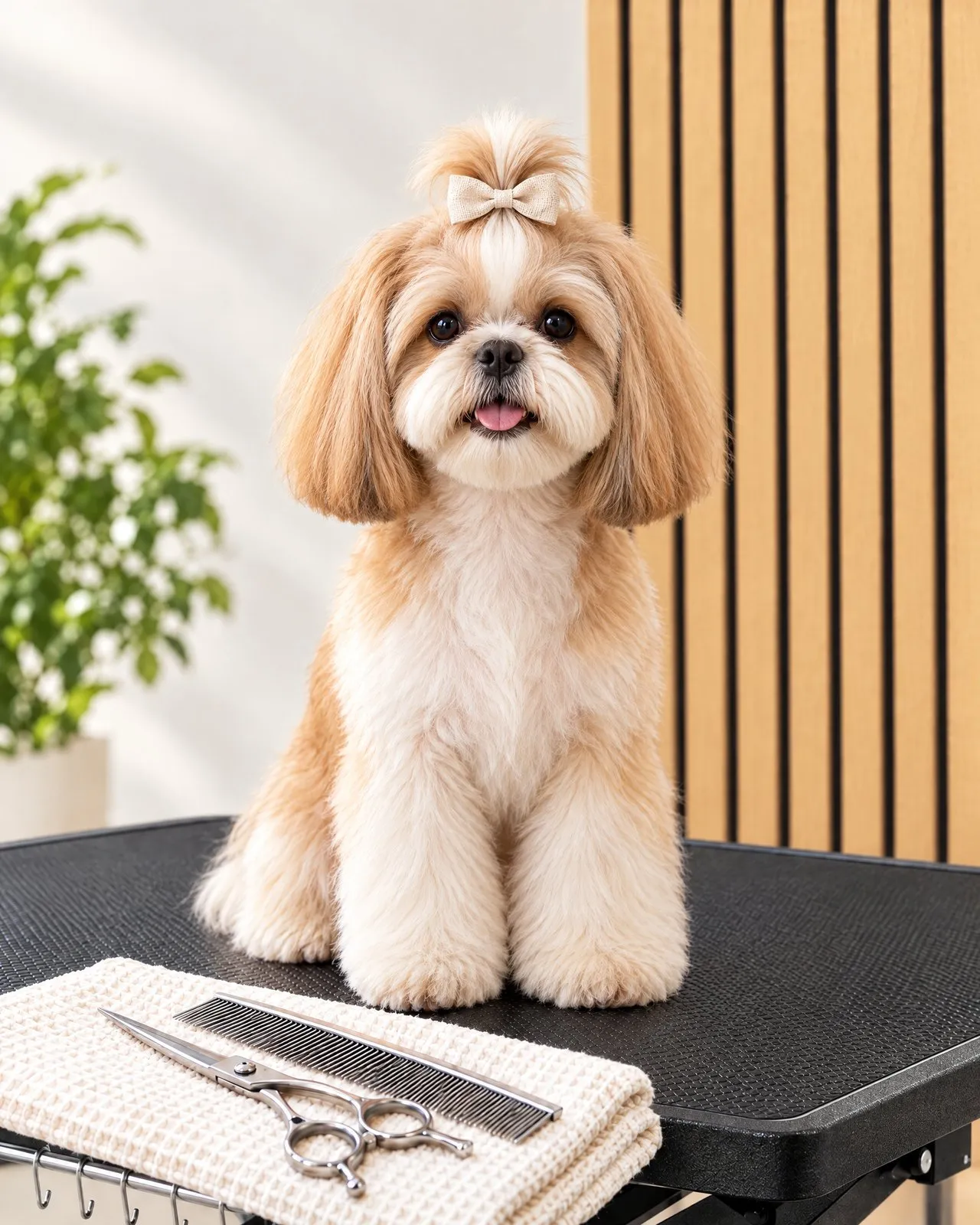 Shih tzu z kokardką na czubku głowy, na czarnym stole do pielęgnacji